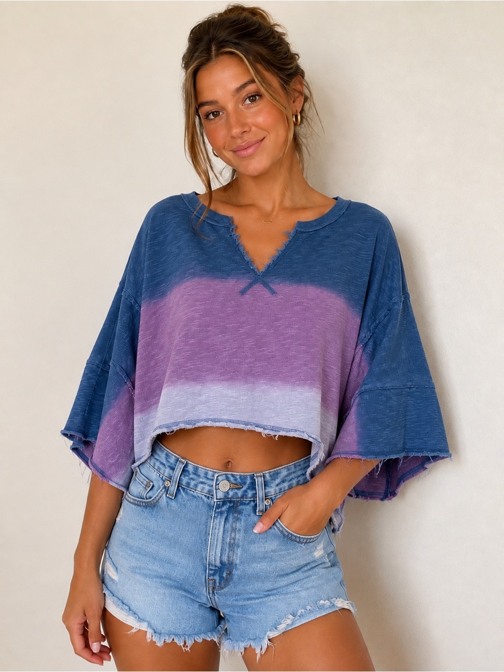 Free People We The Free Ombre Distressed Crop Top Blue Purple M/M